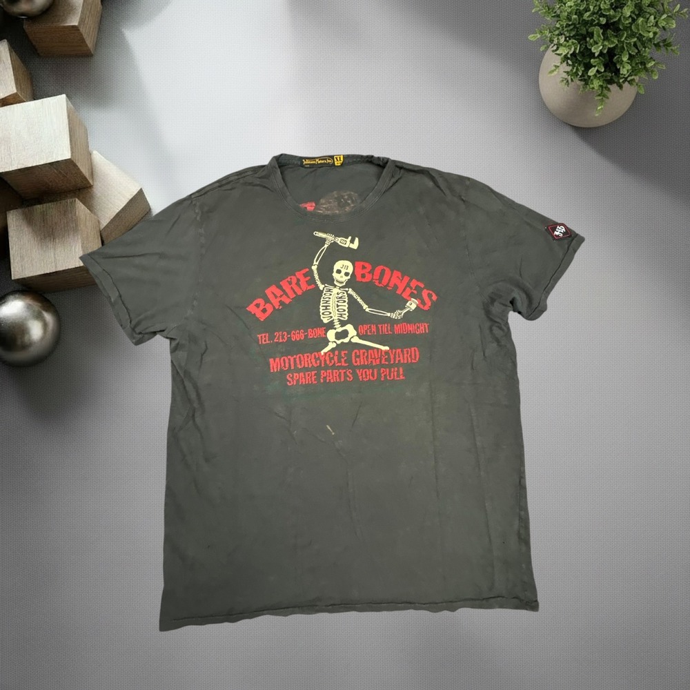 Johnson Motors Inc Bare Bones Graphic T-Shirt XL Gray Biker Grunge Y2K Tee